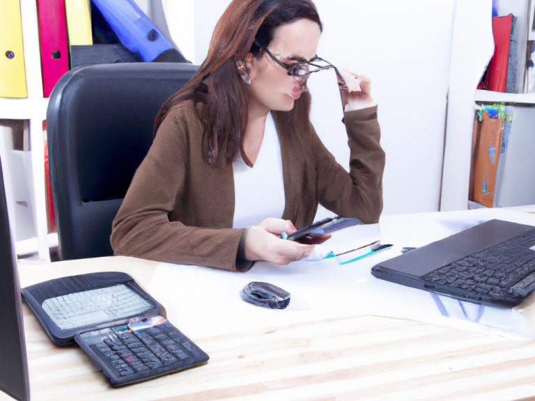 Una gestora trabajando con portátil y calculadora